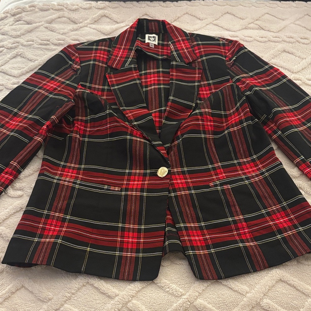 Anne Klein Plaid Single-Button Women's Blazer Jacket - Red & Black